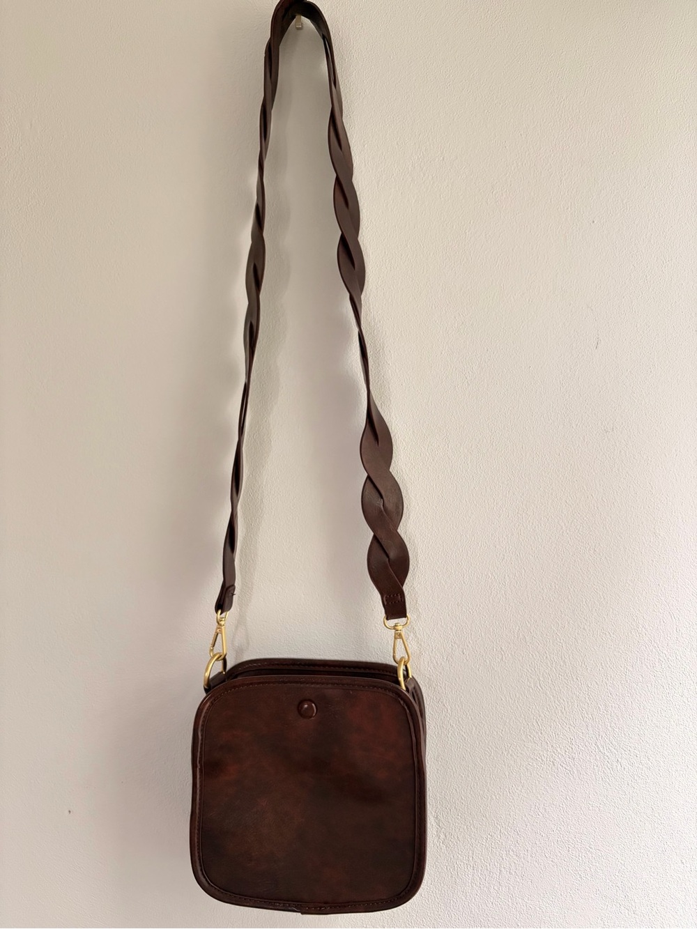 Anthropologie Bette Square Brown Vegan Leather Crossbody Bag Braided Strap